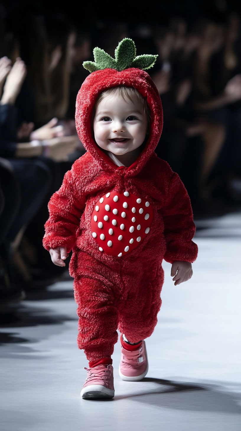 Adorable baby in strawberry costume at Paris Fashion Week.