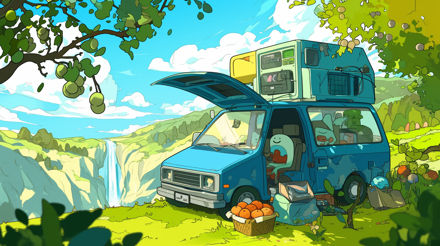 Adventure Time style cartoon: old blue car, retro computer.