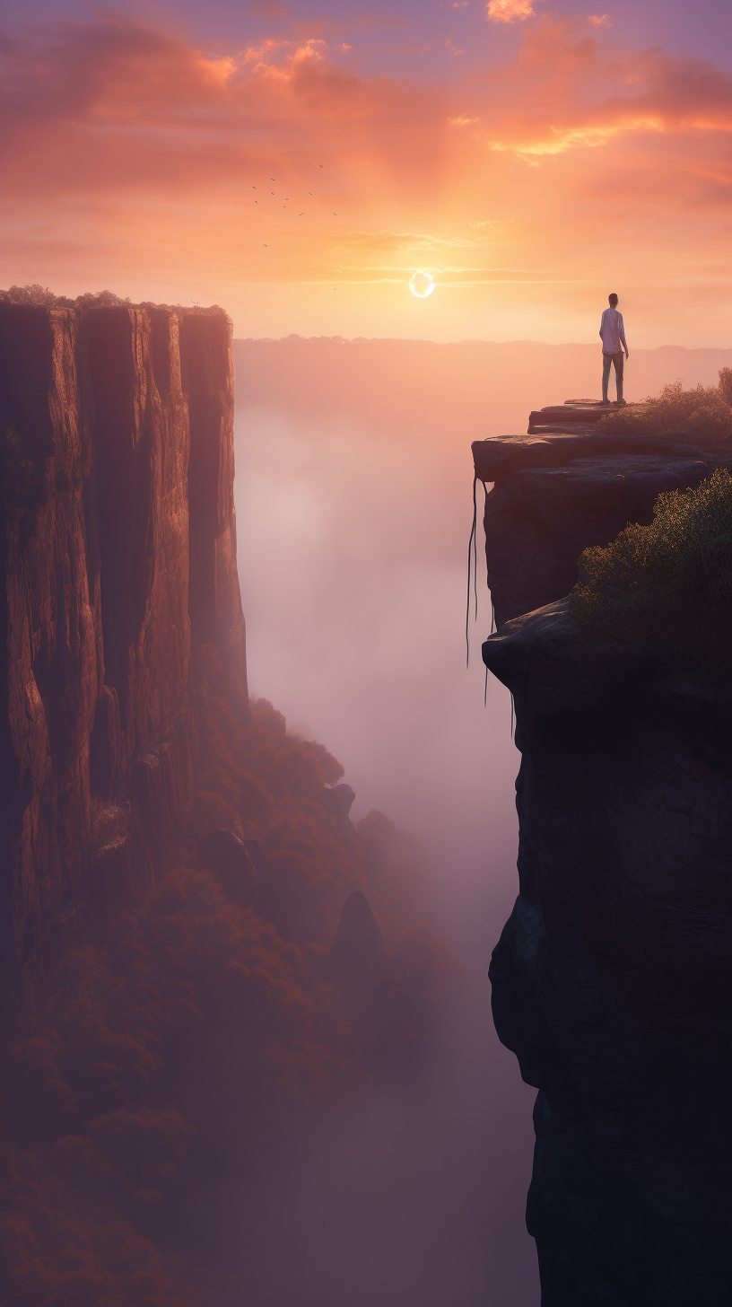 Adventurers in misty cliff sunset, awe-inspiring nature harmony.