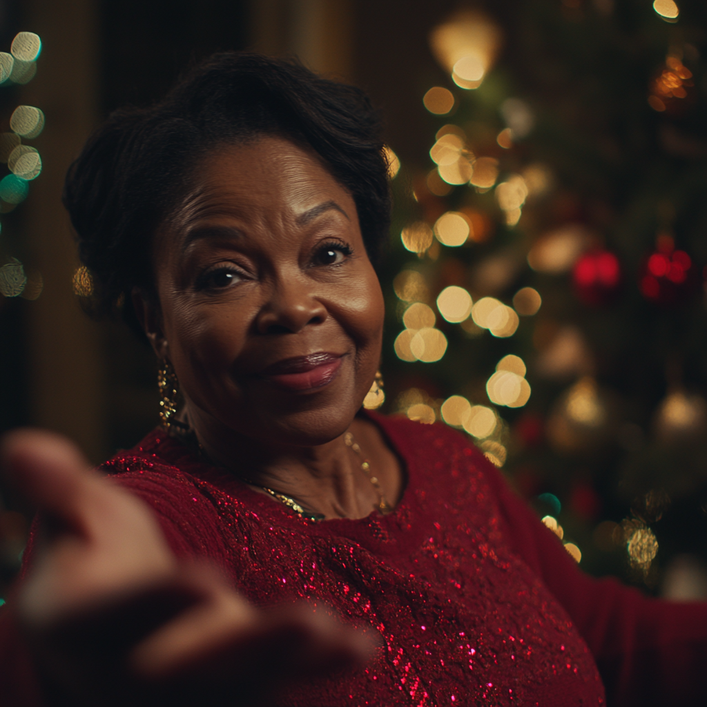 African American aunt hugs, Christmas decorations in background.