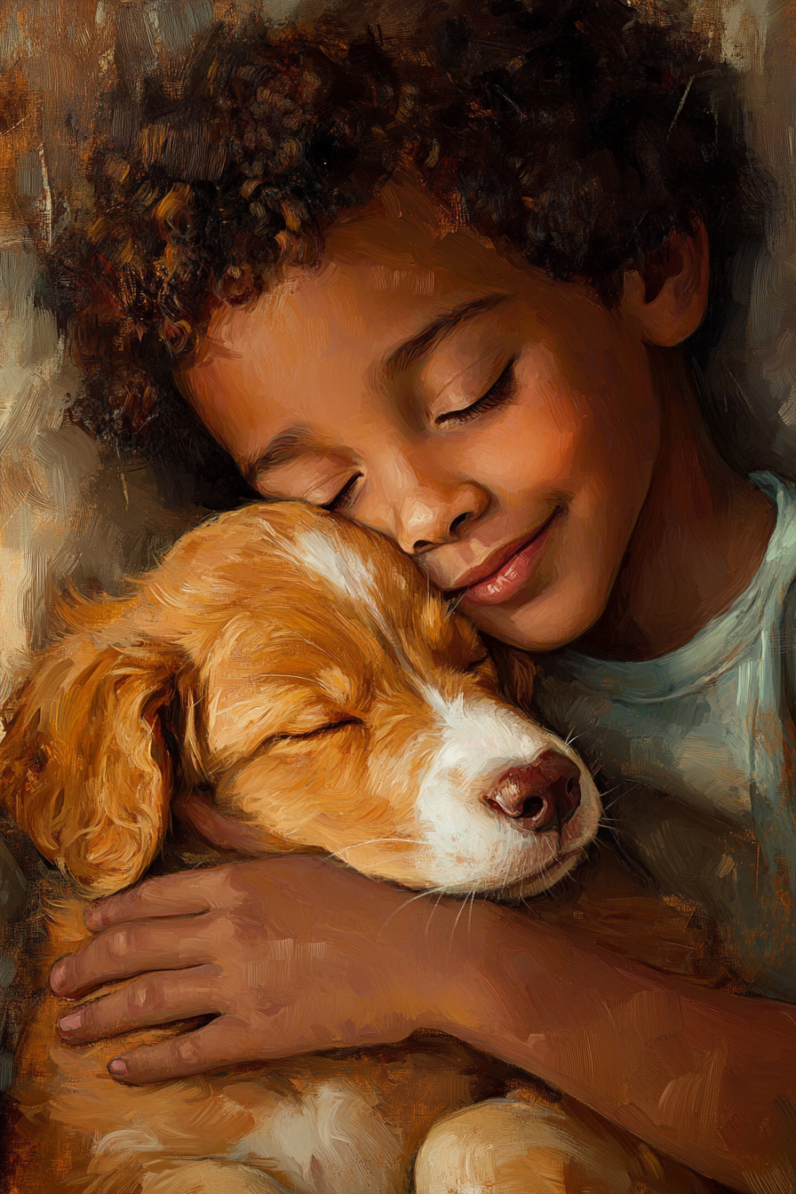 African American boy with puppy, showing special bond human-animal.