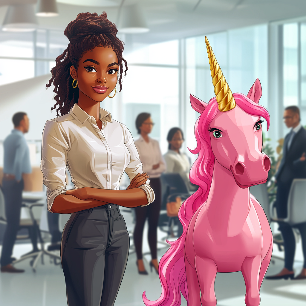 African American woman in business attire with unicorn and colleagues.