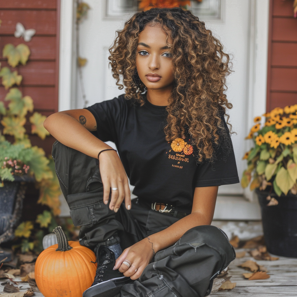 African-American woman with curly hair and fall outfit.