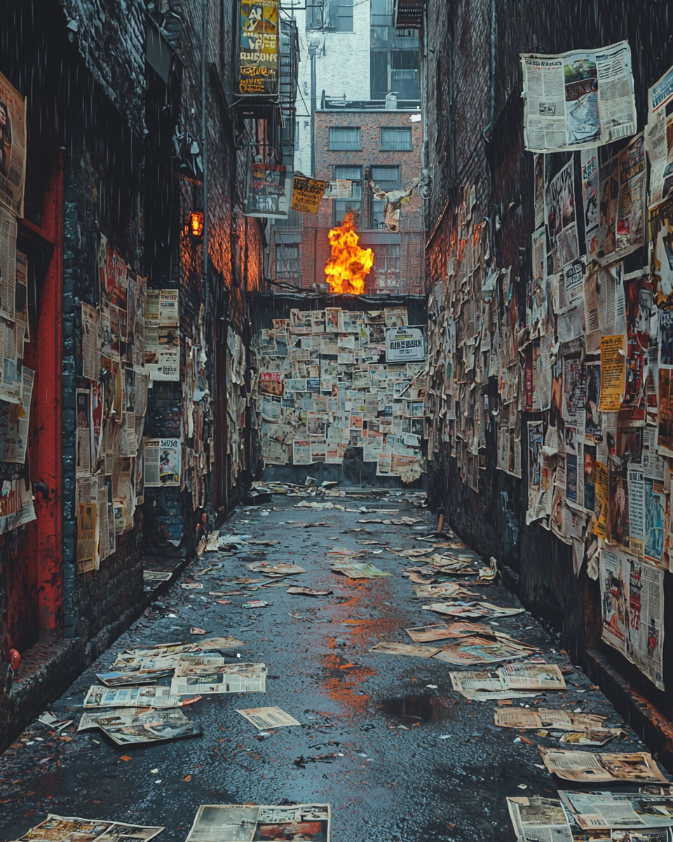 Alley with burning newspapers, debris, detailed Fuji photo.