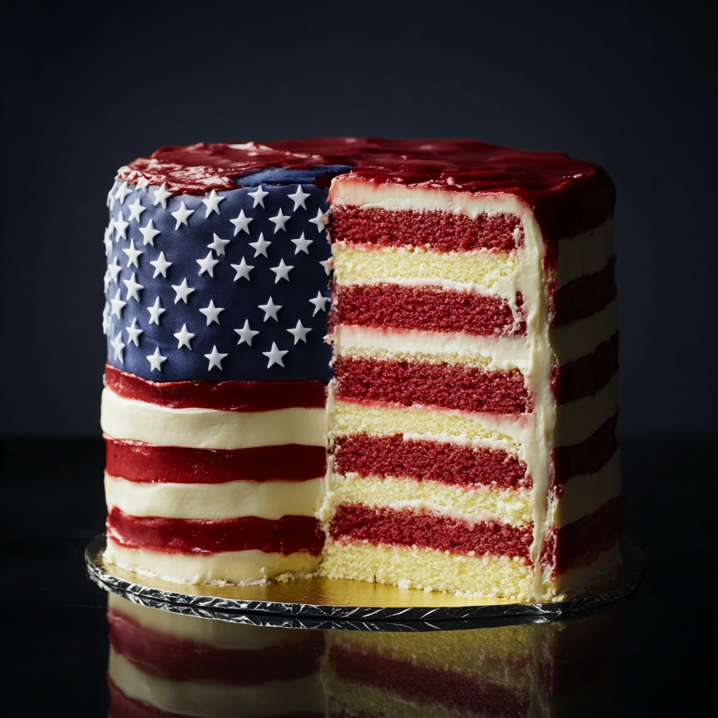 American flag cake showcasing deliciousness and increasing desire.