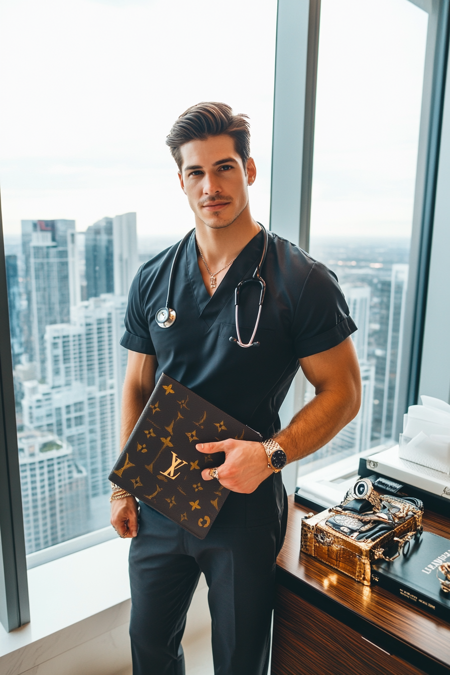 American white male doctor in luxurious office with luxury items.