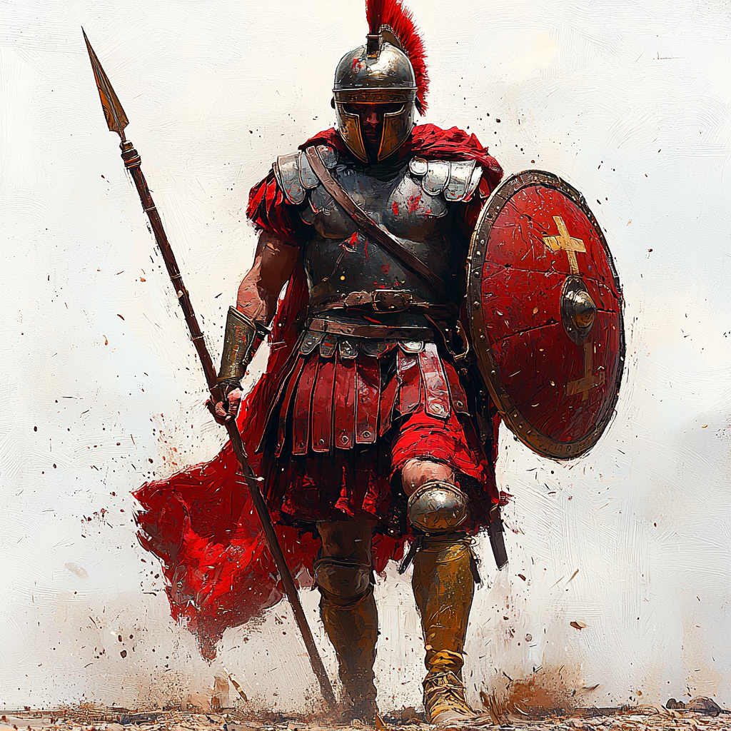 Ancient Roman soldier in red armor with spear and shield.