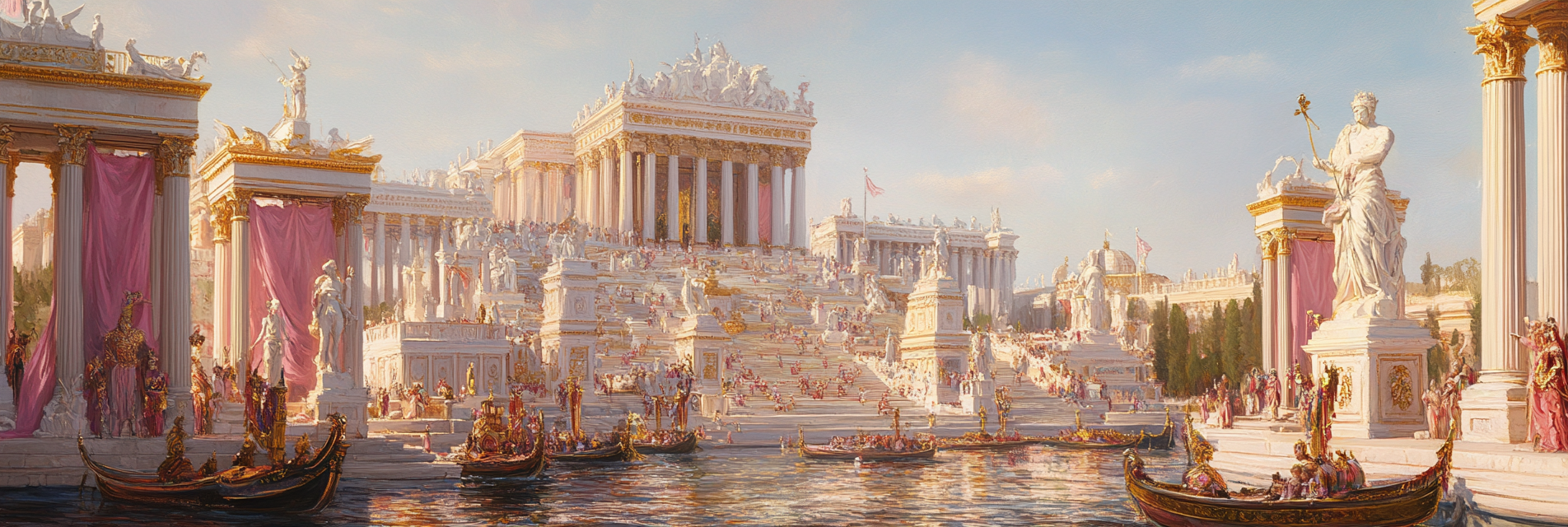 Ancient Rome Palace with Greek Statues and Boats