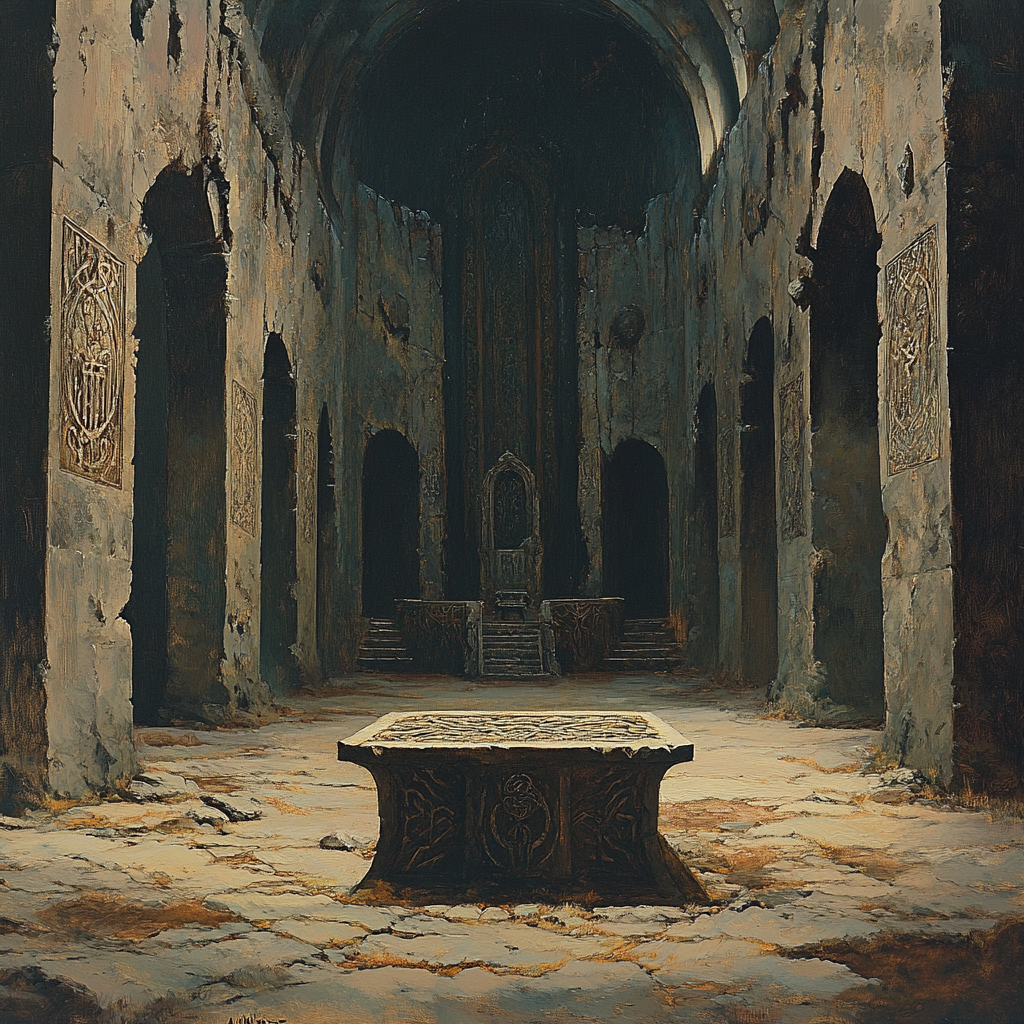 Ancient abandoned Throneroom, dark fantasy, oil painting.