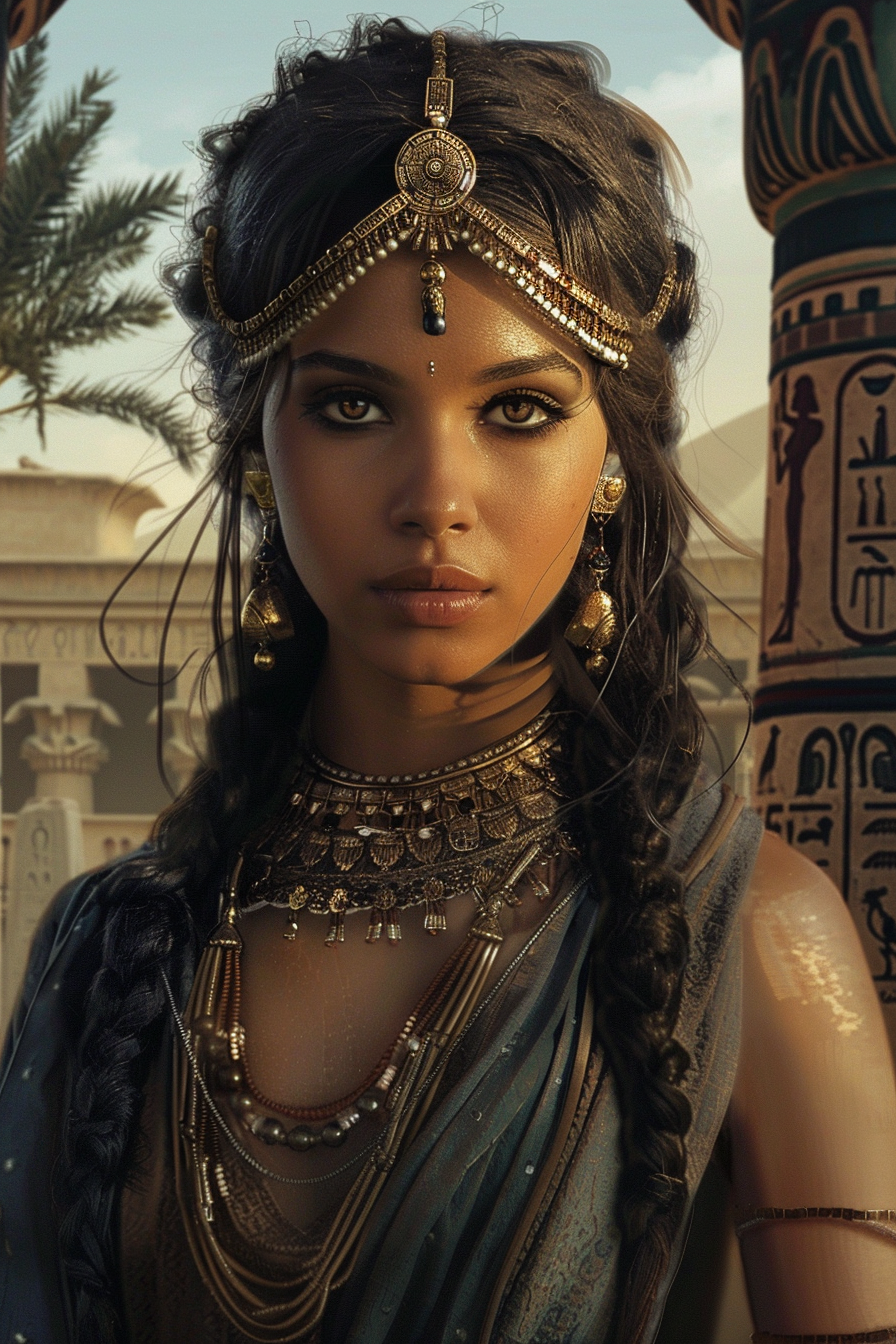 Ancient pregnant woman with ornate jewelry in Egypt.