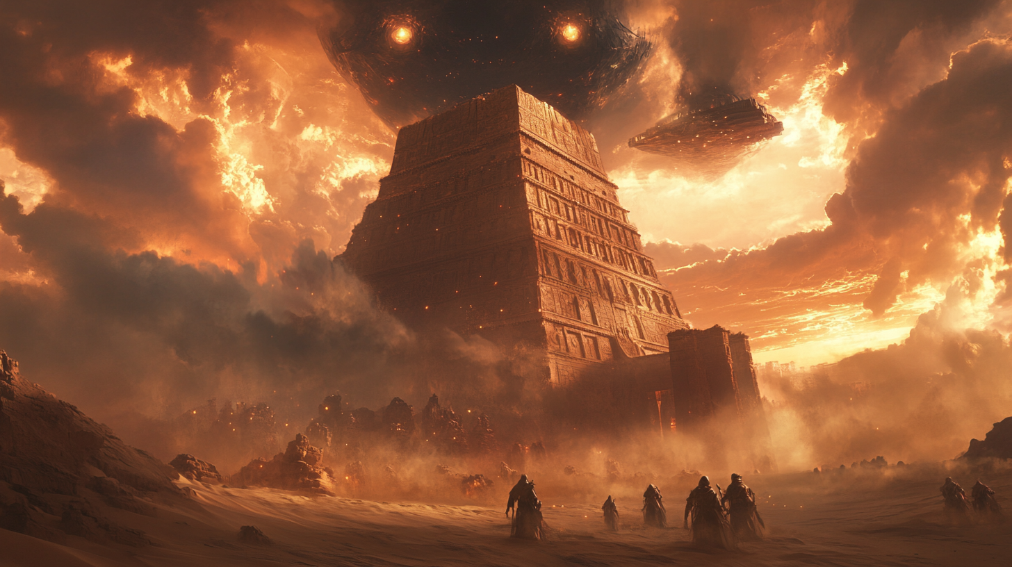 Ancient ziggurat, spaceship, storm clouds, glowing eyes, surreal landscape.