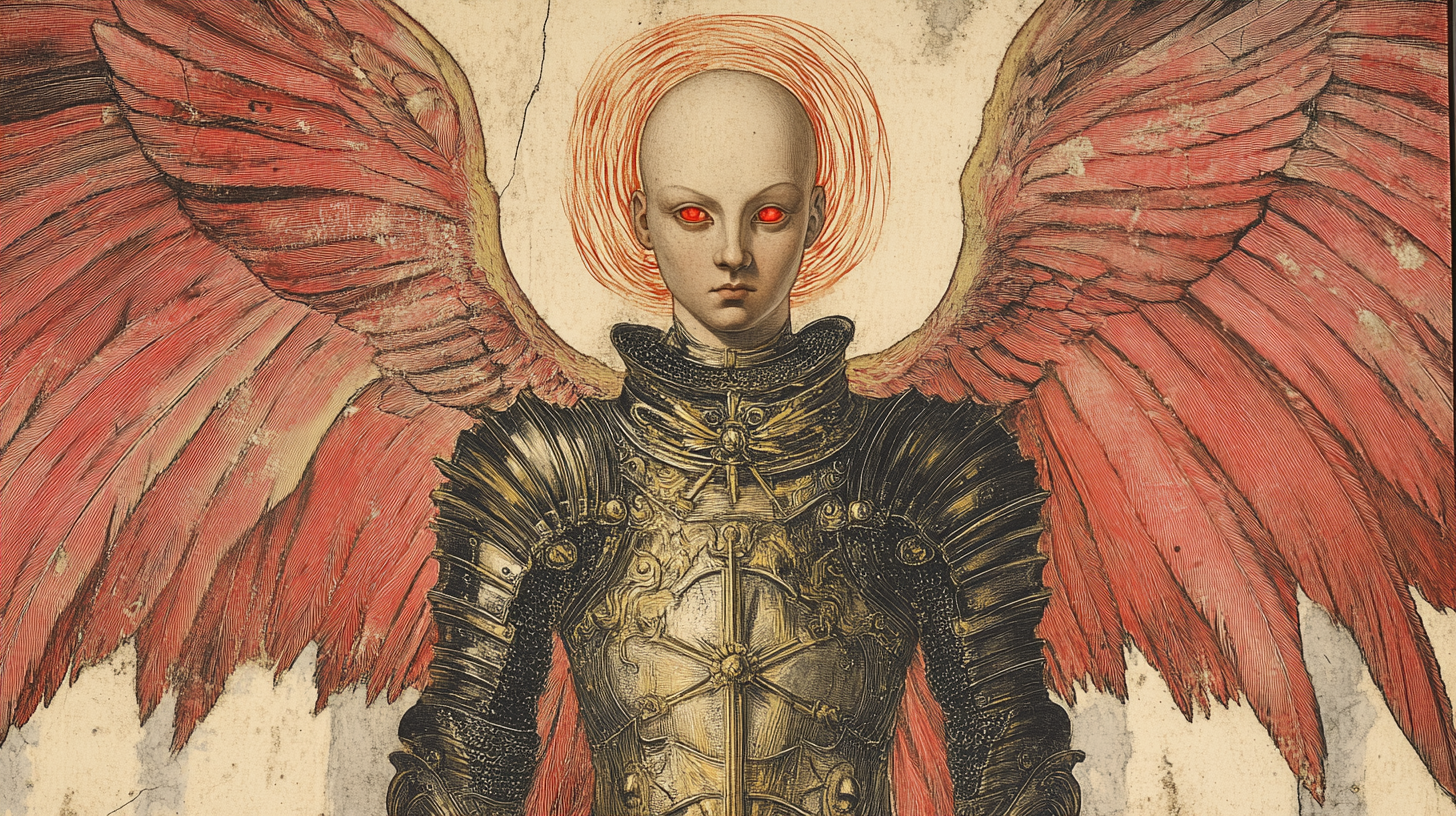 Angel in armor with fire halo and red eyes.