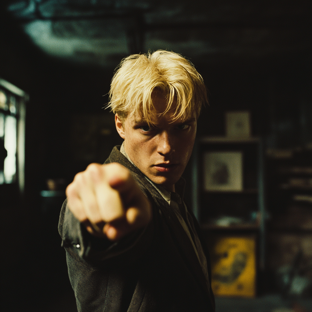 Angry blond man pointing finger, 1990 style, indoors 