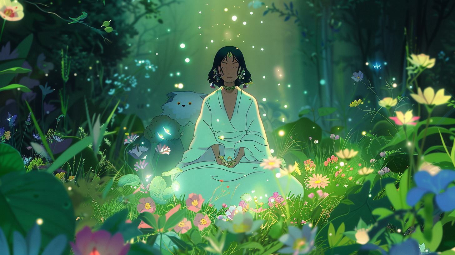 Anime Kim Kardashian in magical Ghibli fantasy world.