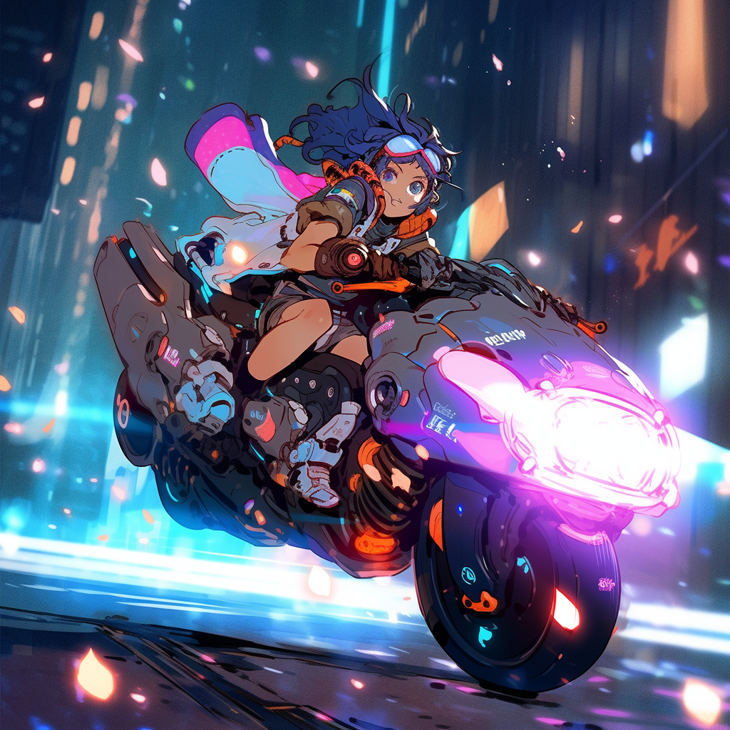 Anime cyborg girl on hover bike fleeing police in city.