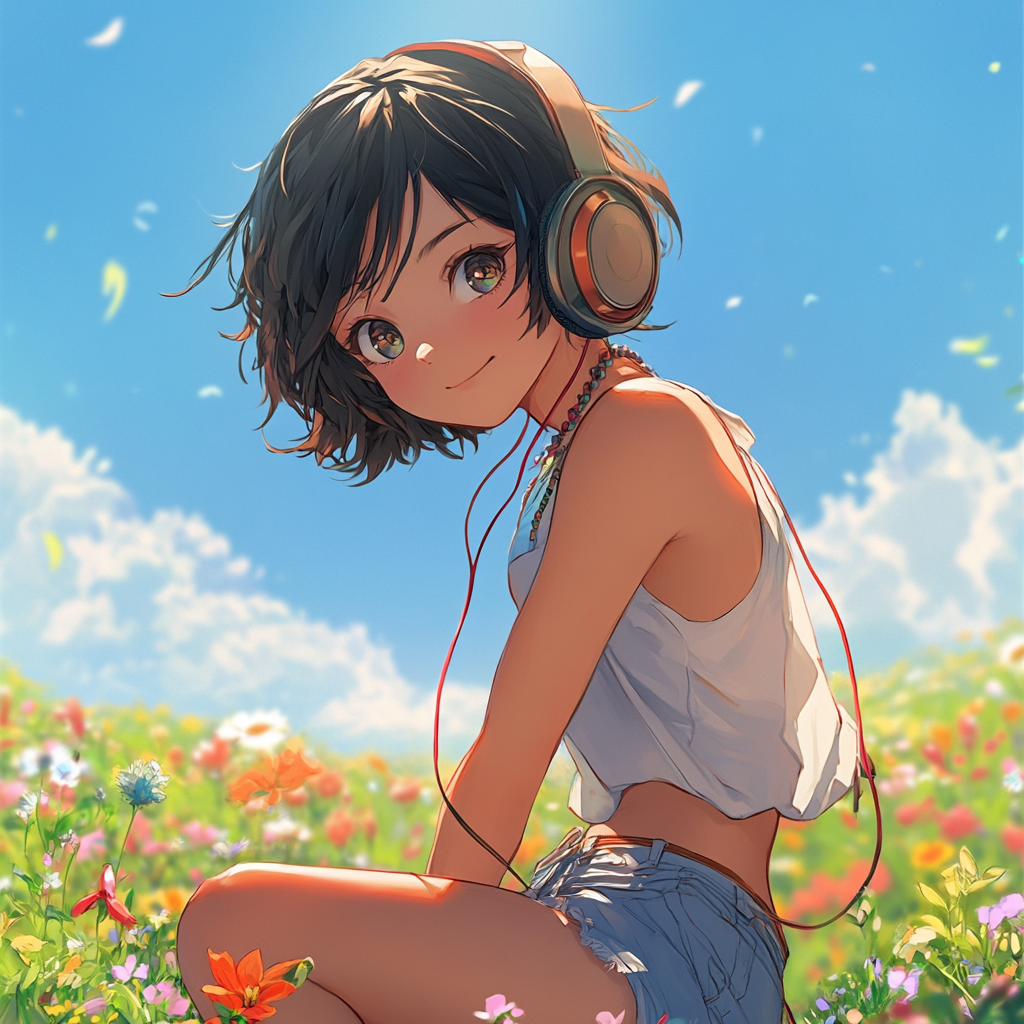 Anime style girl with elf ears in field 