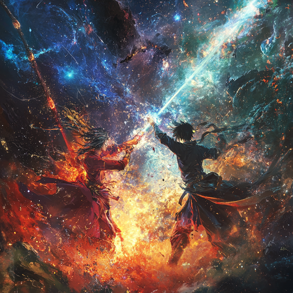 Anime-style warriors in cosmic battle among vibrant nebulae, celestial patterns, glowing constellations.