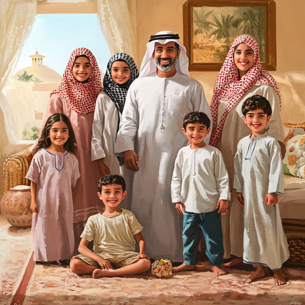 Arab family, Gulf, living room, sons, daughters, father, boy, realistic.