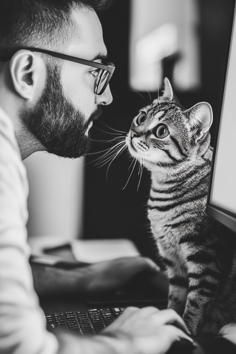 Arab sales manager with glasses, cat near computer camera.