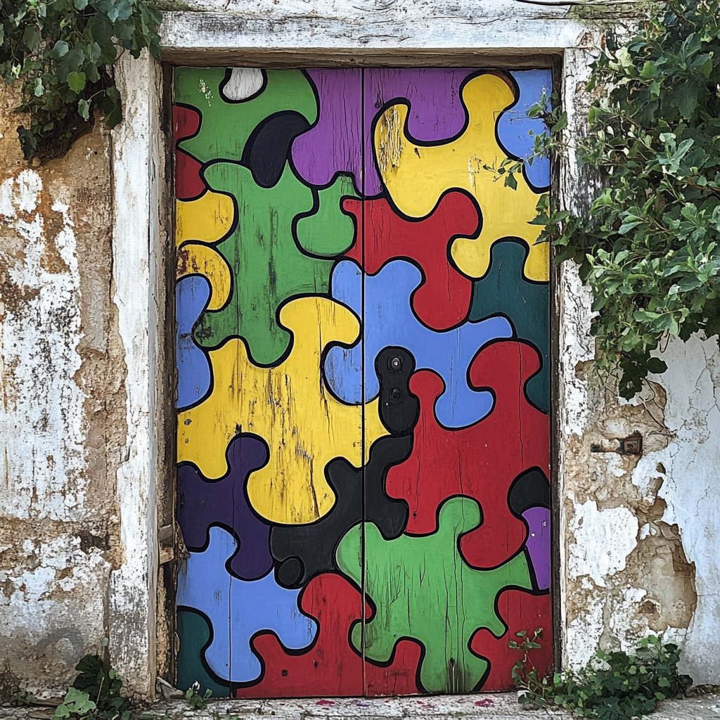 Artistically hand-painted, interlocking puzzle door in vibrant colors.