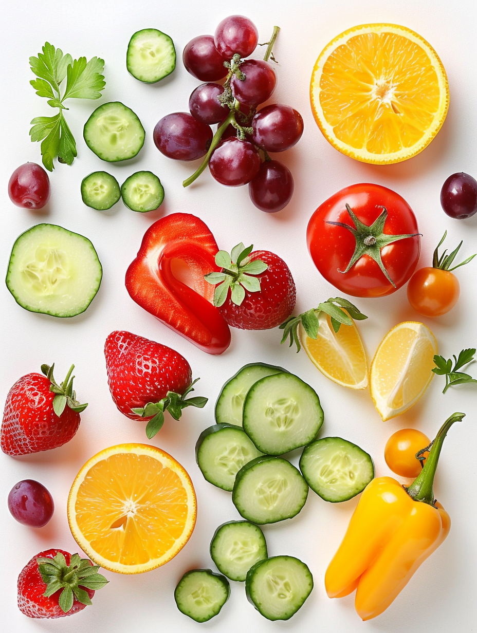 Assorted Fresh Fruits and Vegetables on White Background