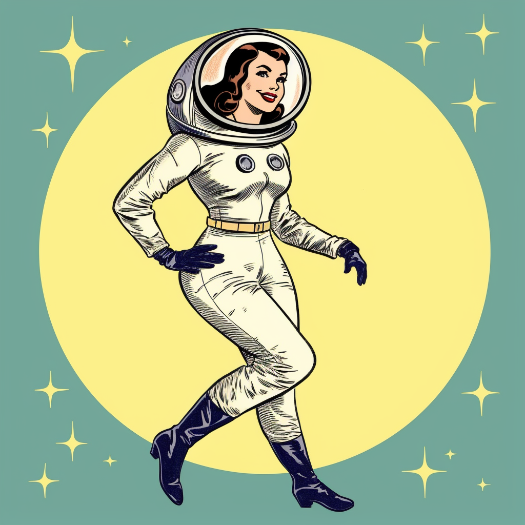 Astronaut pin-up babe in space, cute vintage style.