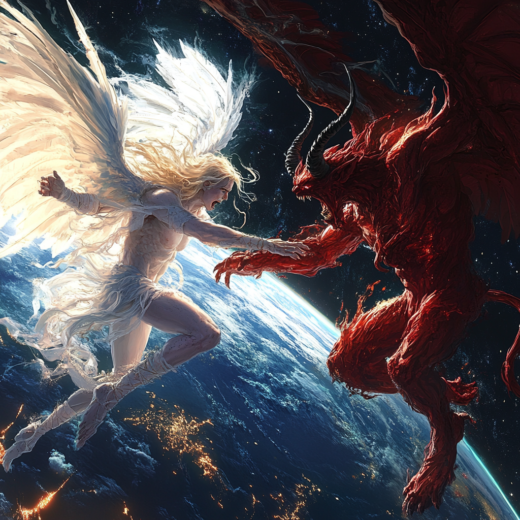 Athletic angel battles demon in space with earth backdrop.