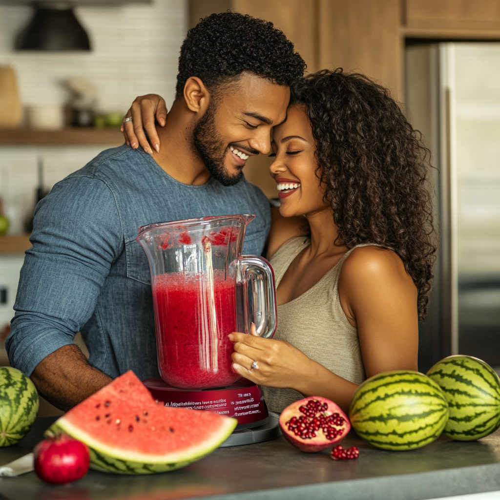 Attractive couple in modern kitchen making fresh juice.