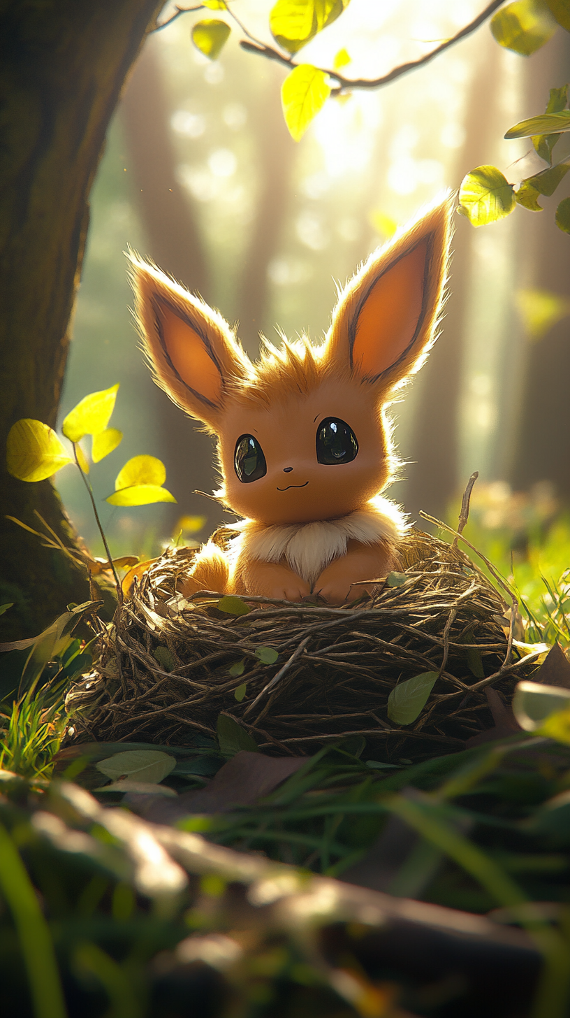 Baby Eevee in grass nest, sunny meadow, excited.