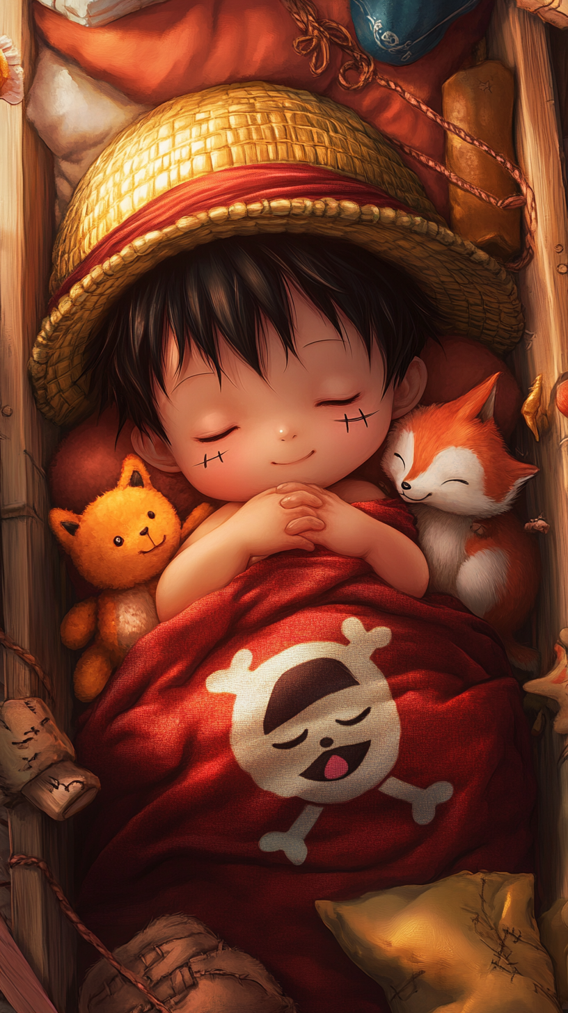 Baby Luffy sleeping in a cozy pirate-themed crib.