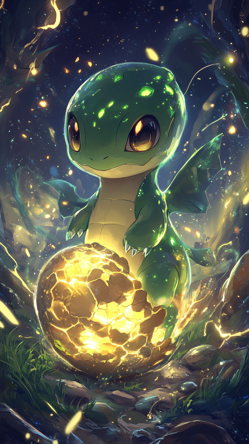 Baby Rayquaza emerges from cosmic egg, surrounded by stars.