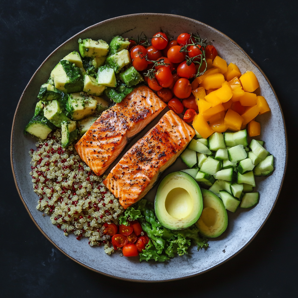 Balanced plate with salmon, avocado, quinoa, and veggies.