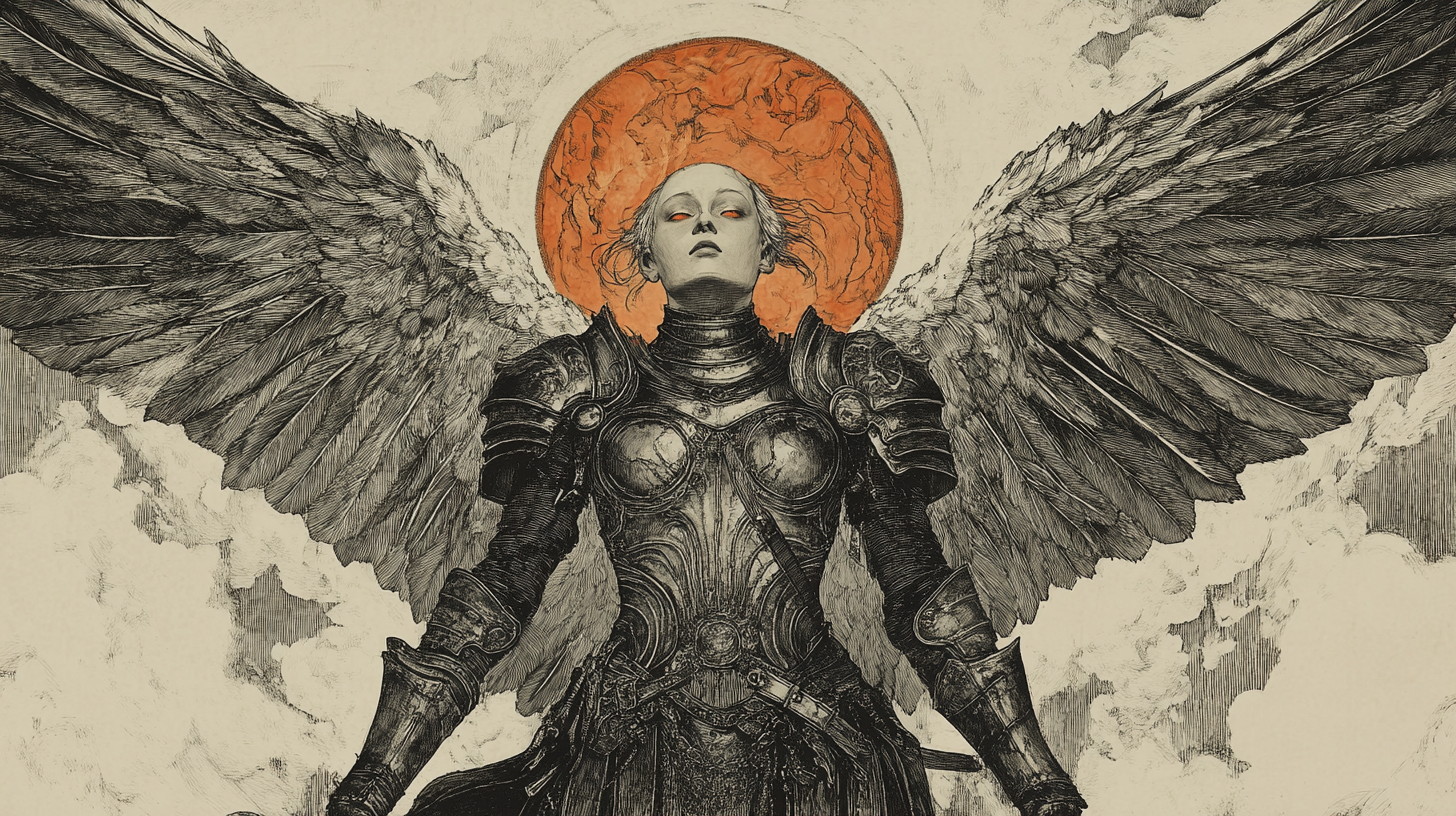 Bald female angel in red eyes and armor flying.