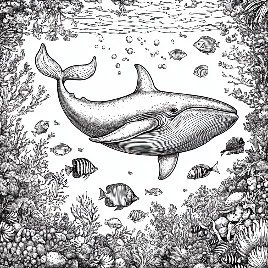 Baleen whale in sea with tropical fish. Black & white.