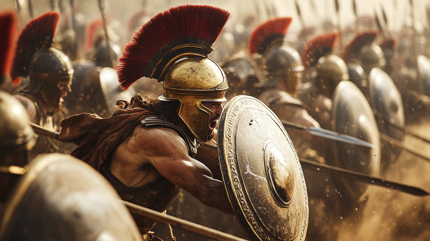 Battle between Greek and Persian warriors, chaotic and intense.