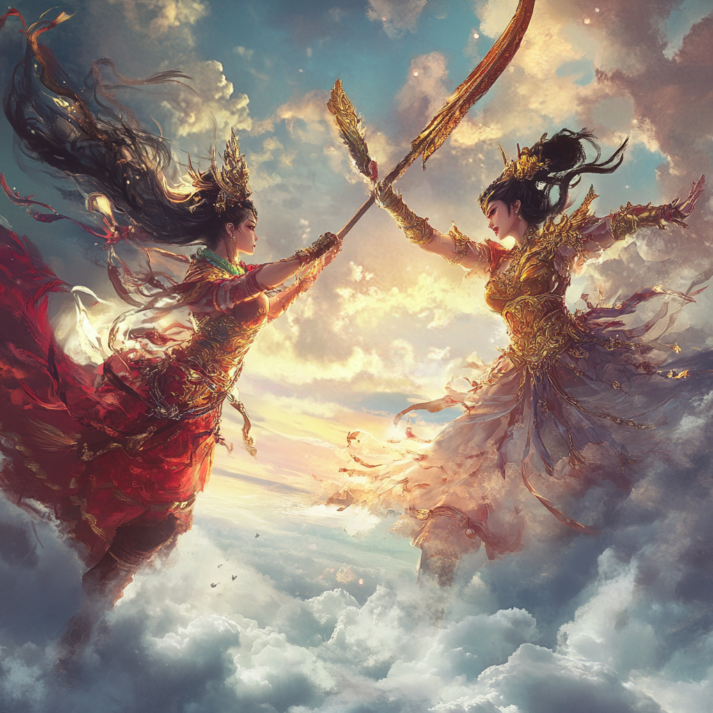 Battle between female Chinese gods in majestic cloud arena.