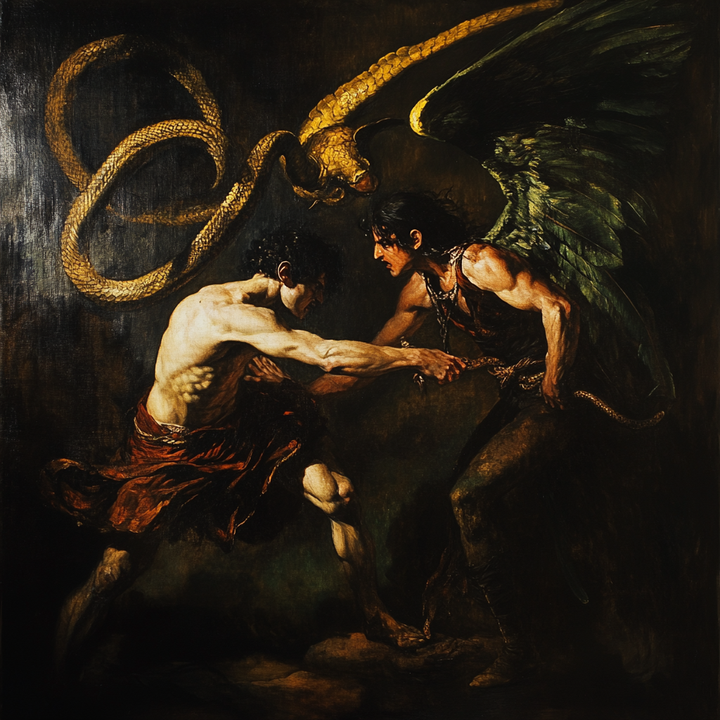 Battle of devil and angel in Caravaggio style painting.