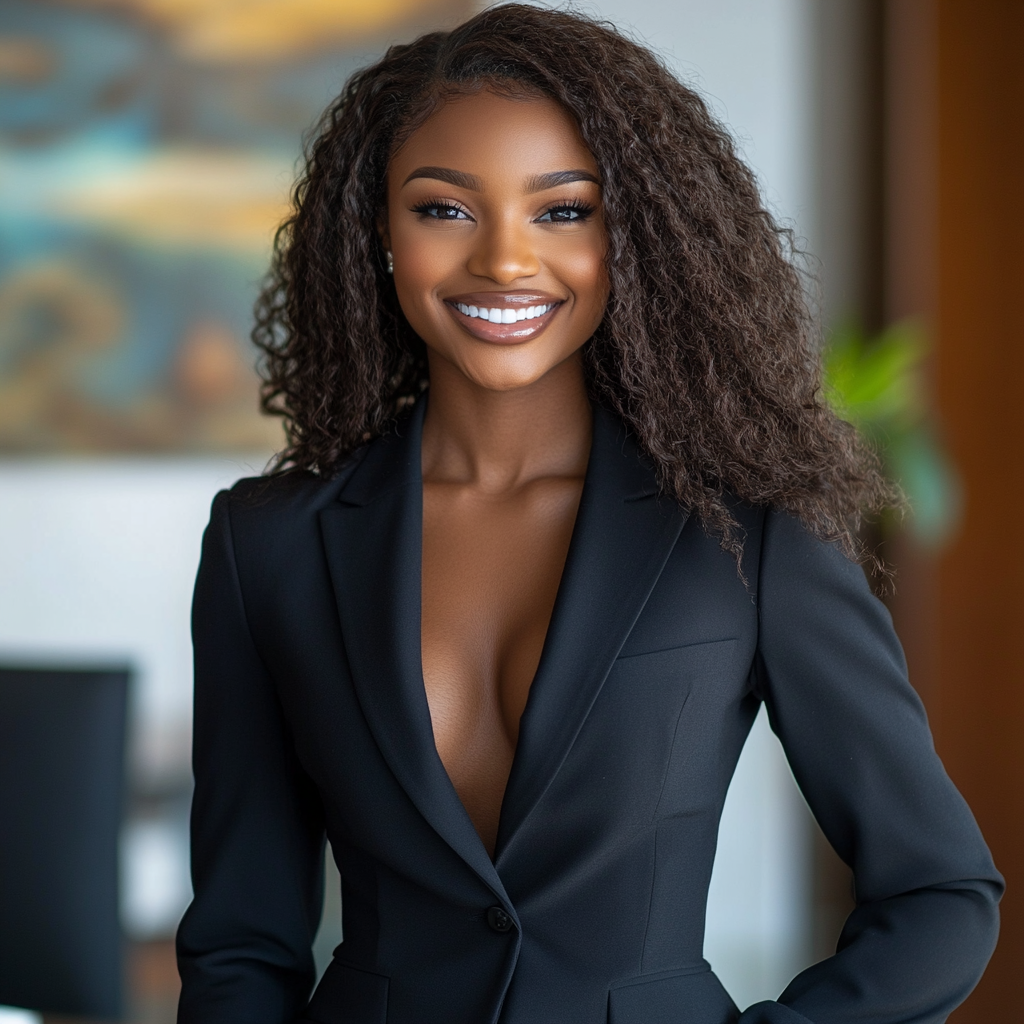 Beautiful African American girl in business suit smiling.