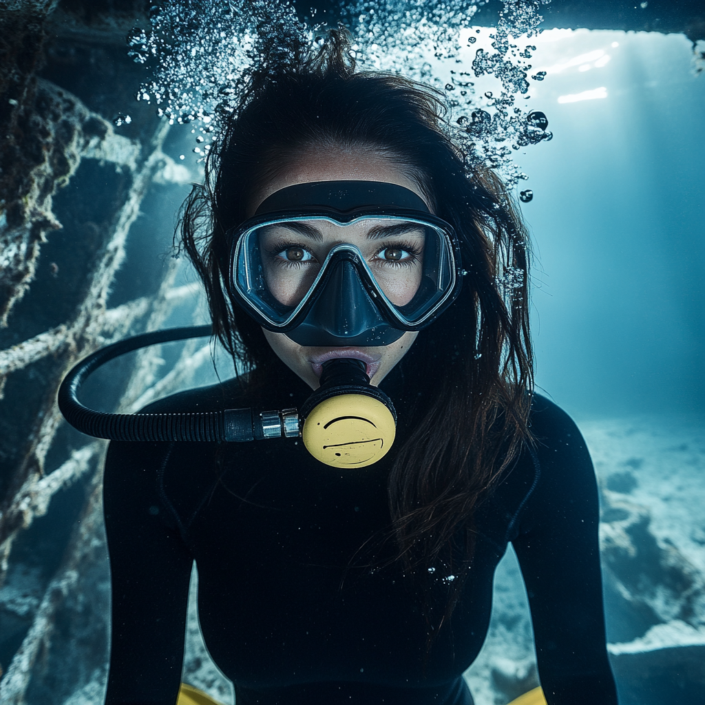 Beautiful brunette diving in sunken ship with yellow fins.