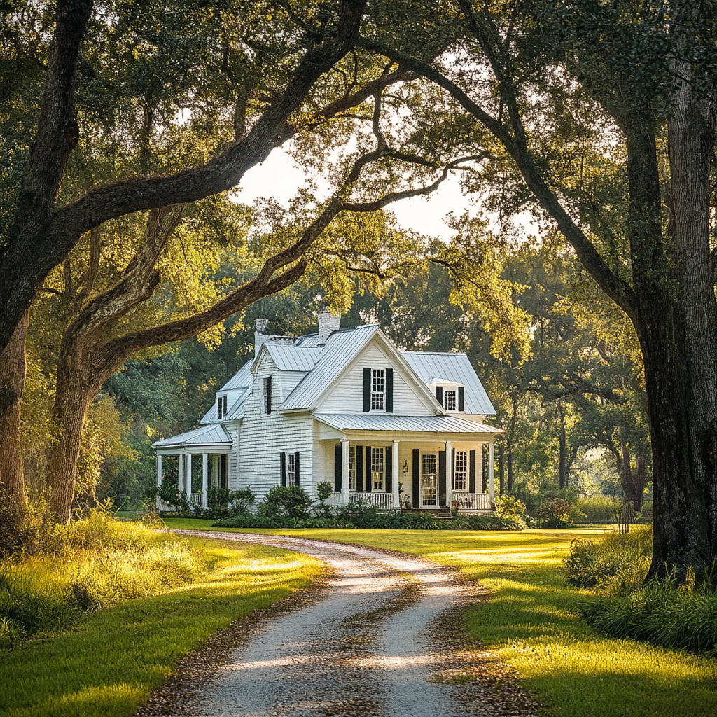 Beautiful farmhouse with trees, porch, and sunlight.