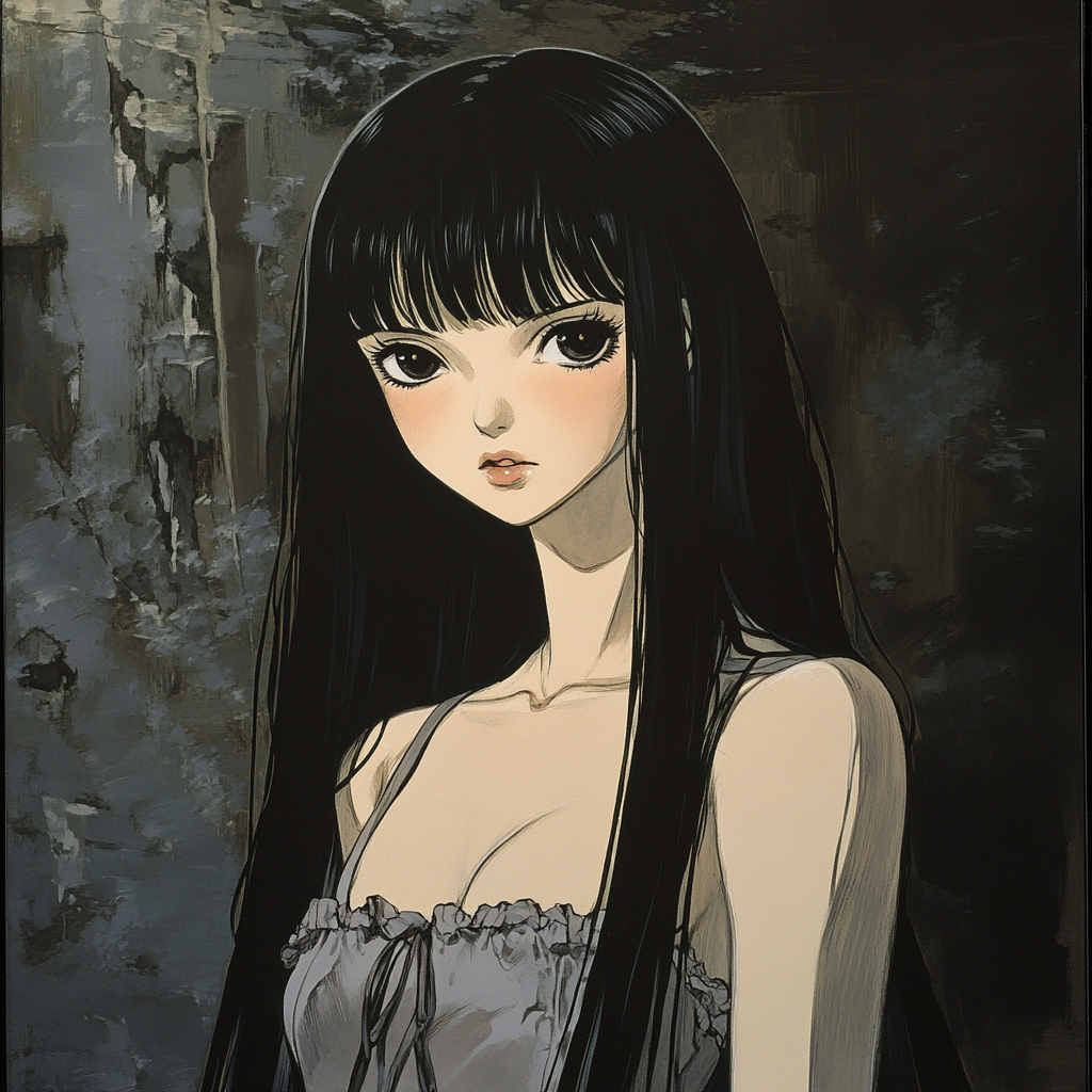 Beautiful girl in anime style with long dark eyes