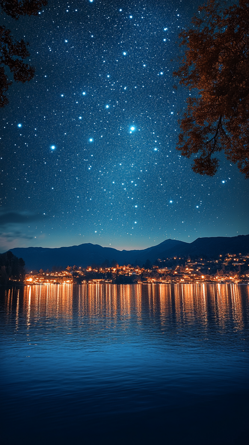 Beautiful night sky full of stars over California lake city.