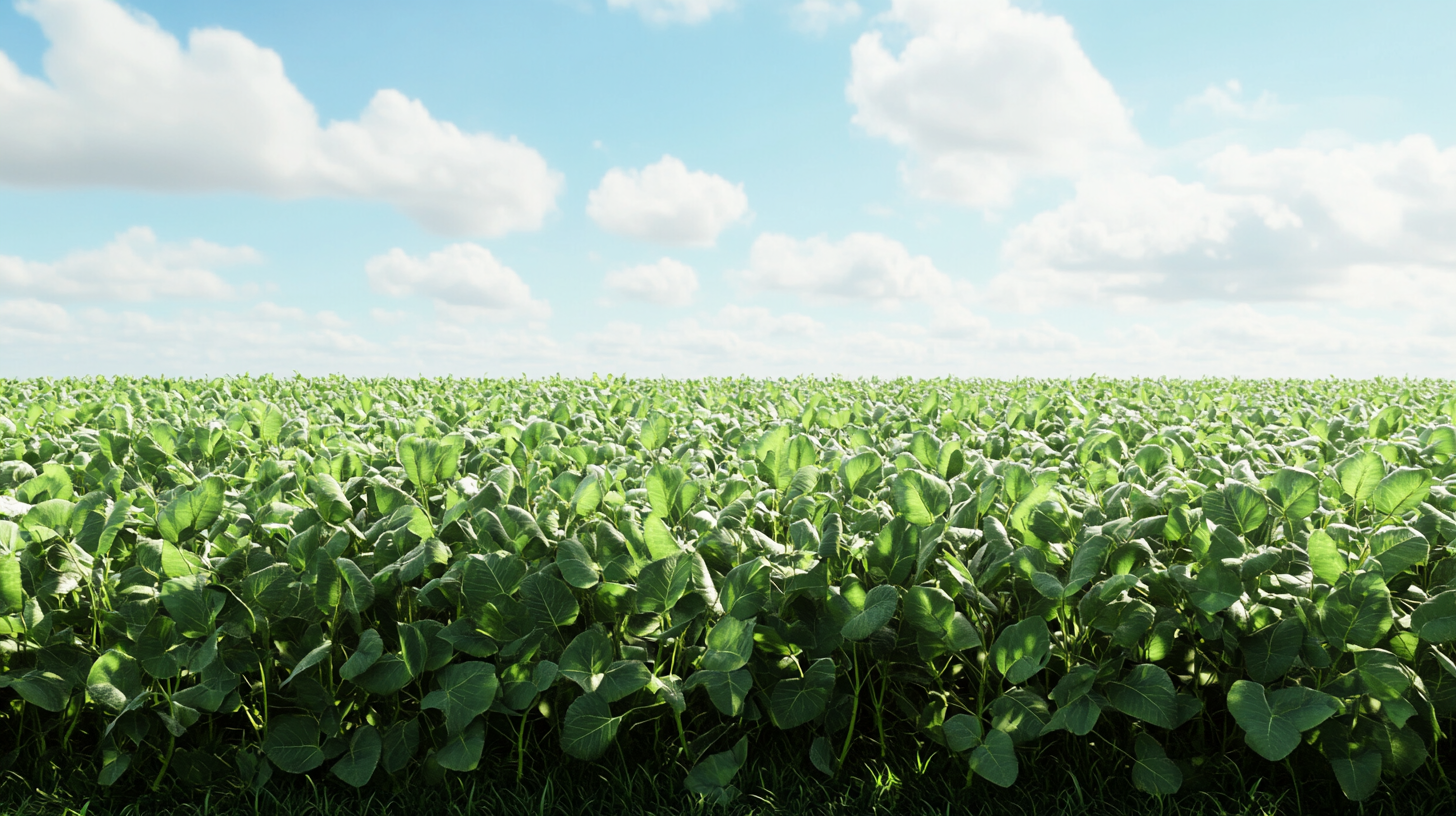 Beautiful soybean plantation, full and growing, symmetrical, realistic.