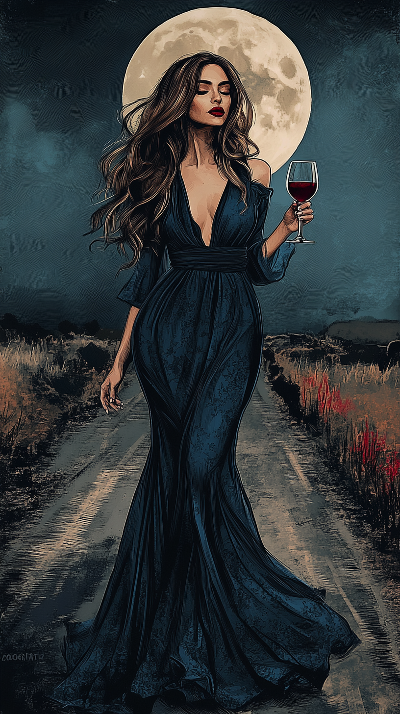 Beautiful woman with wavy hair holding wine glass.