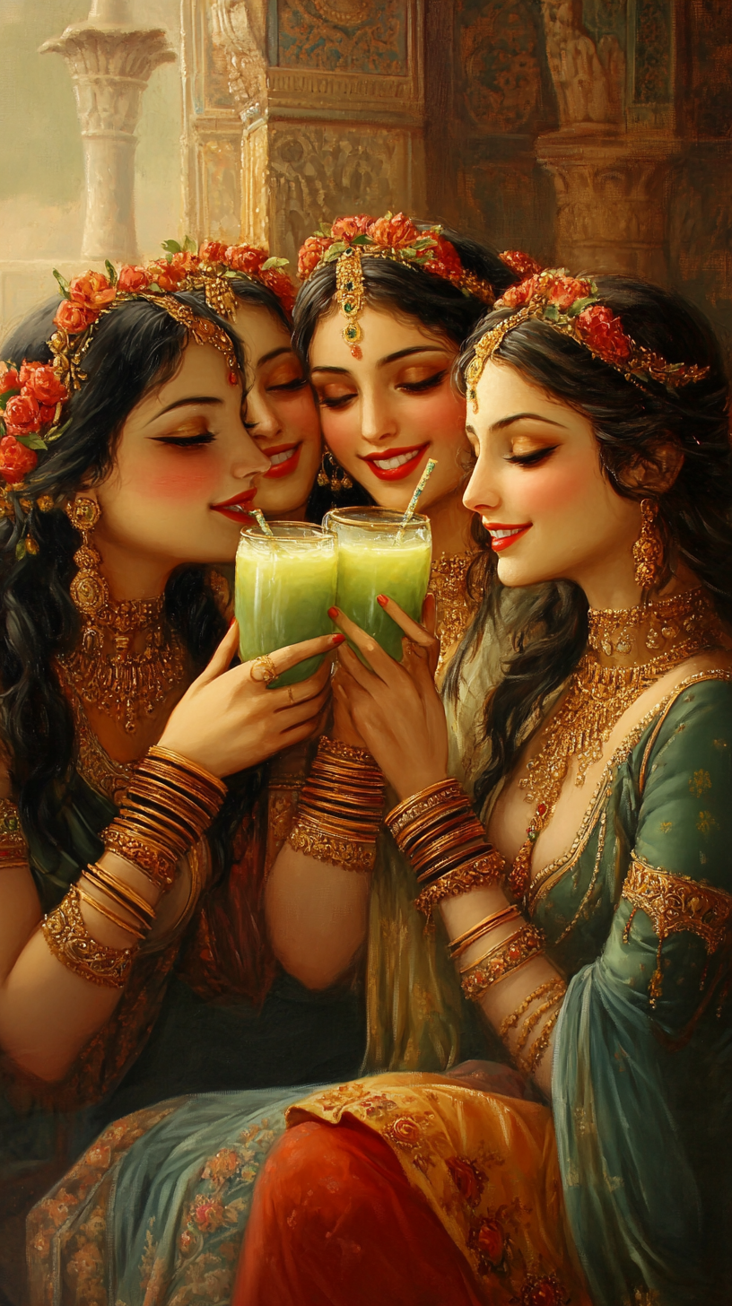 Beautiful women drinking soursop juice in ancient Persian painting.