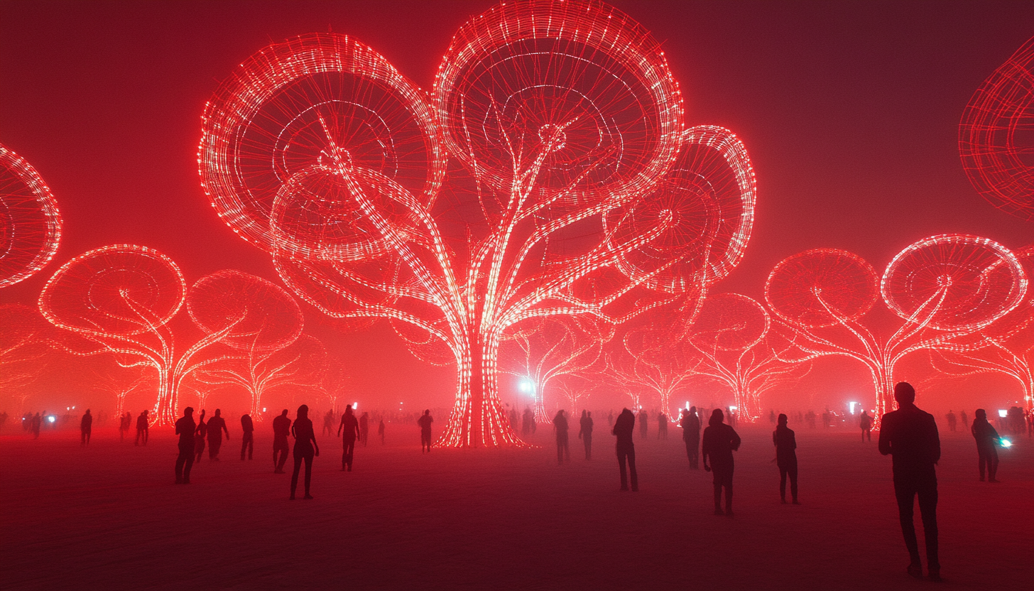 Beautifully detailed futuristic Burning Man art in surreal chaos.