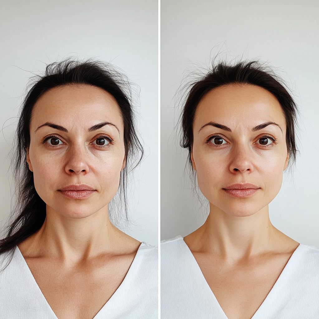 Before and after cosmetic procedure showing wrinkle removal.