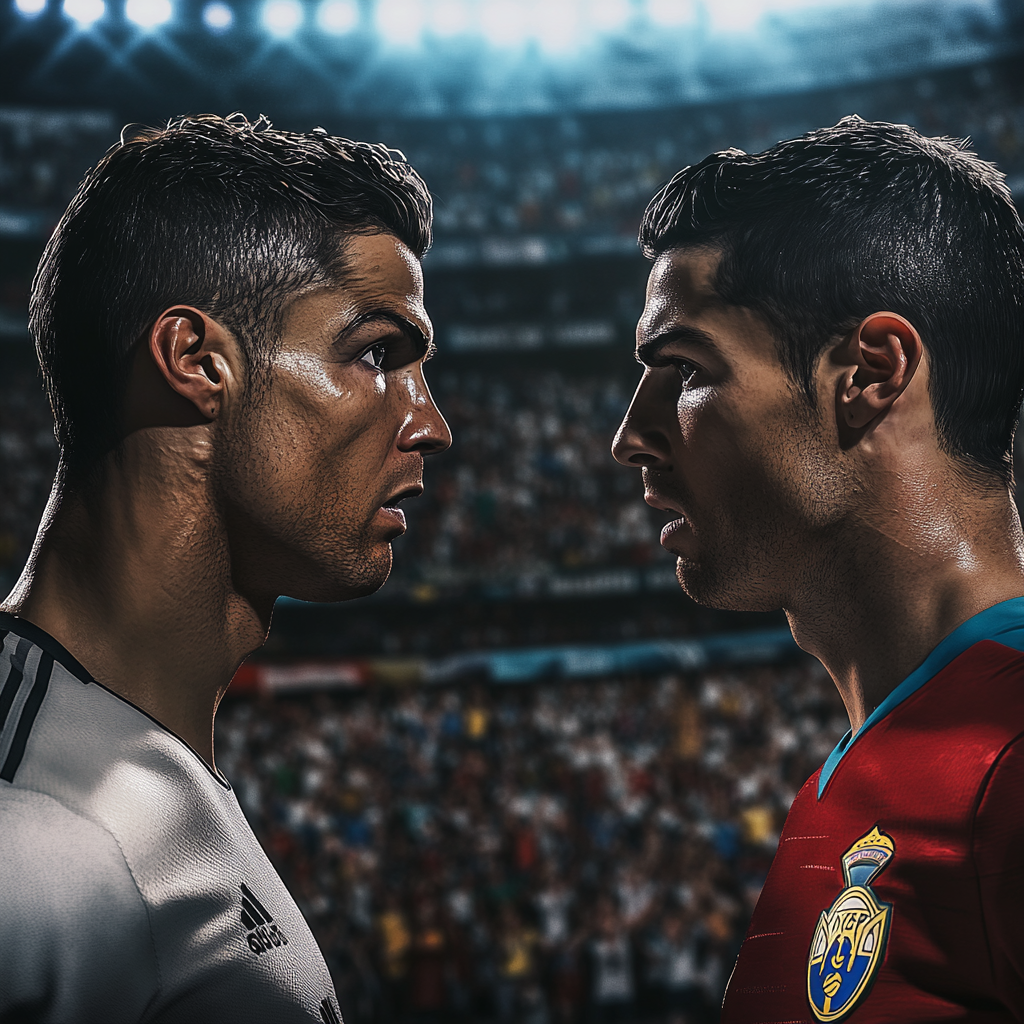 Big soccer game, World Cup excitement, Ronaldo vs. Messi.