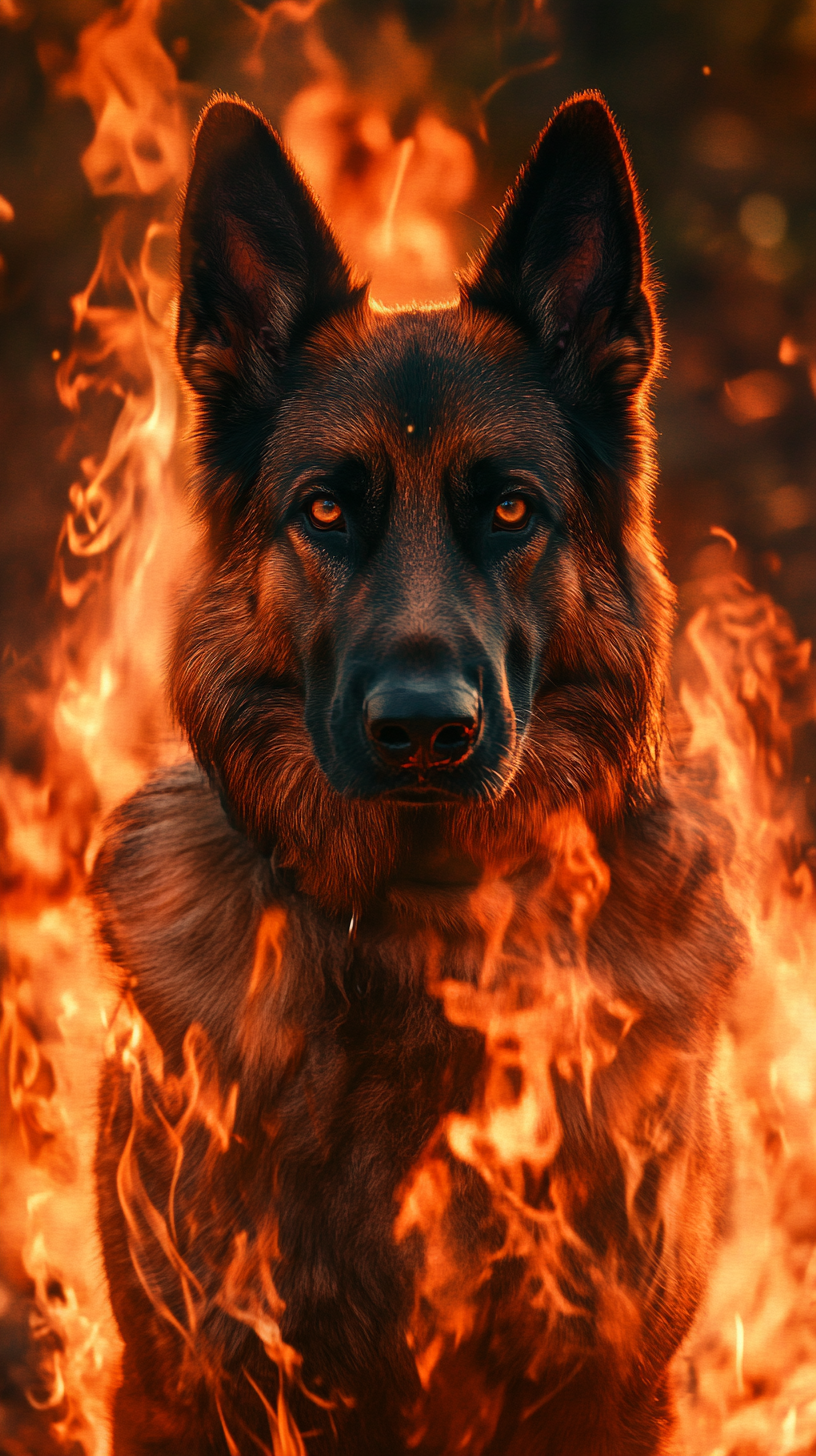 Black and red German Shepherd with fiery powers on fire.