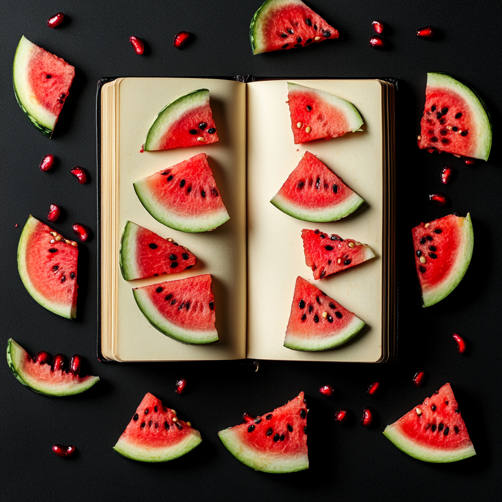 Black background with watermelon and pomegranate art, book space.